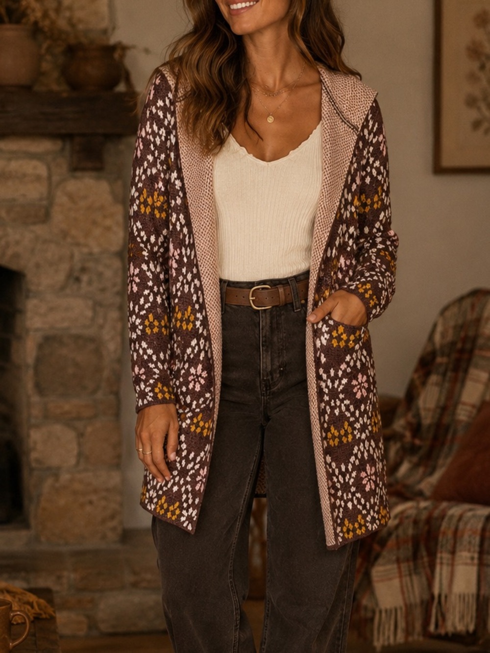 By Design-NWT Brown Floral Hooded Cardigan Size Medium - Picture 1 of 16